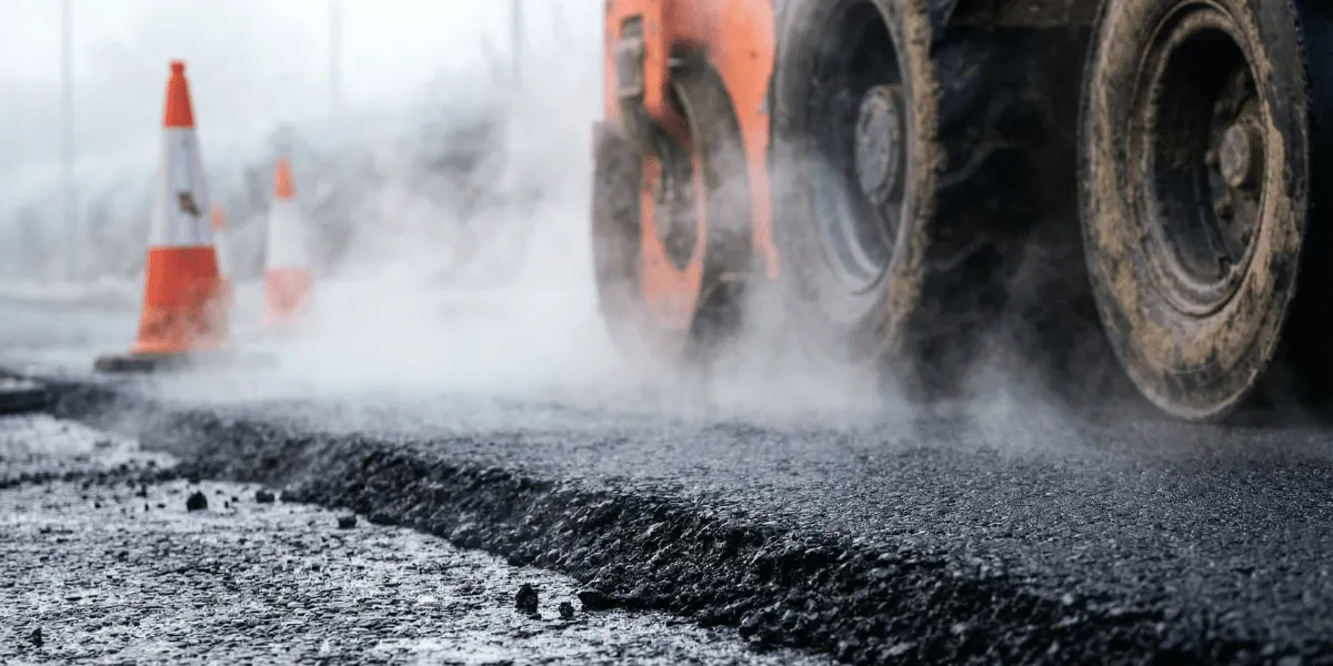 Ersatzbaustoffverordnung: Eine Straßenwalze fährt über frisch aufgetragenen Asphalt; Dampf steigt von der heißen Fahrbahn auf, im Hintergrund stehen mehrere orange-weiße Verkehrskegel.