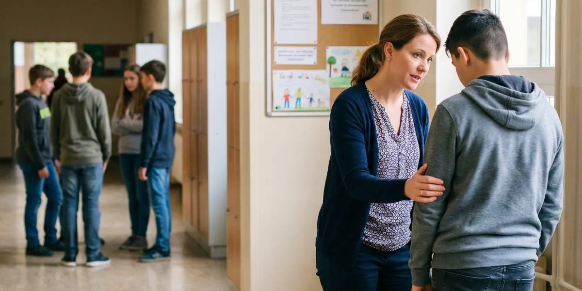 Lehrerin tröstet gemobbten Schüler im Flur einer Schule