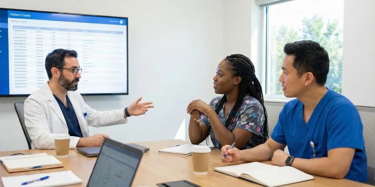 Ethik in der Pflege: Zwei Pflegekräfte und ein Arzt besprechen einen Fall im Krankenhausbüro.