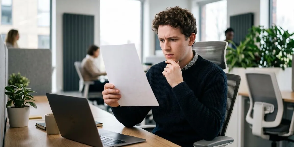 Auszubildender sitzt grübelnd im Büro vor der ausgedruckten Kündigung seines Ausbildungsvertrags