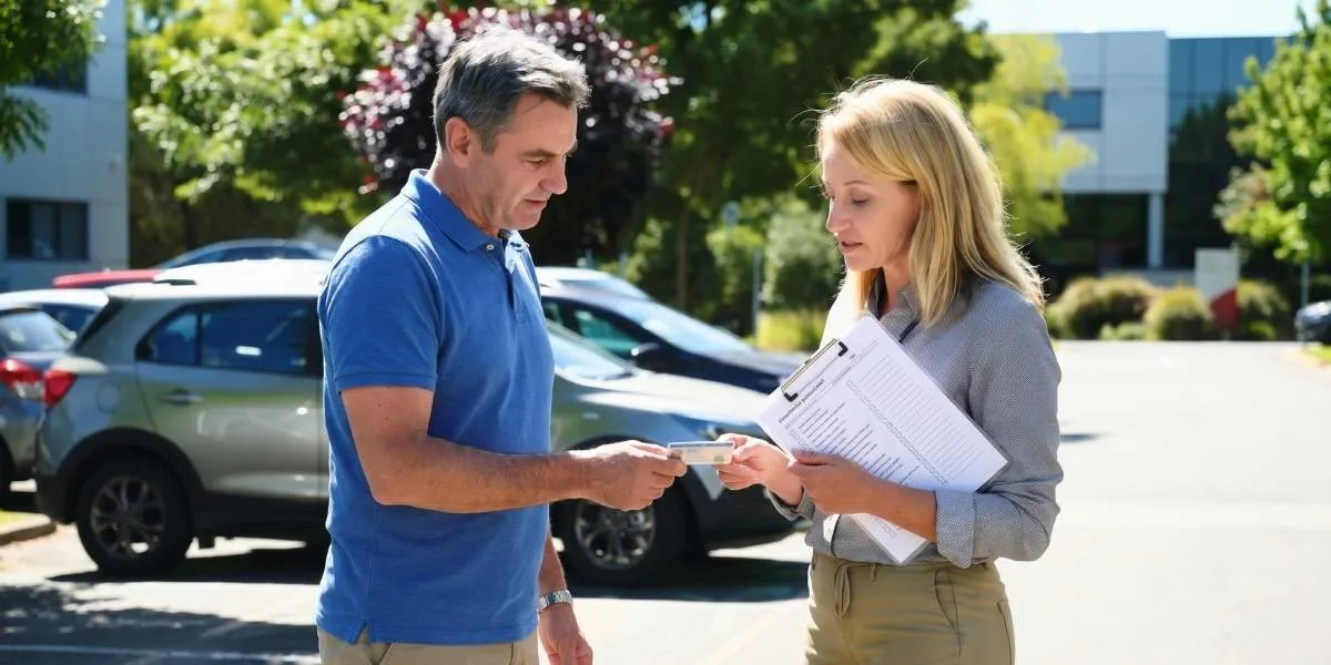 Chefin eines Betriebs steht gemeinsam mit einem ca. 50-jährigen Angestellten auf einem Parkplatz der Firma. Sie kontrolliert mit einer Checkliste den Führerschein des Kollegen