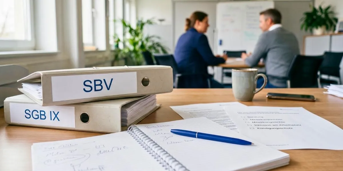 Im Vordergrund Dokumente und Aktenordner zur Schwerbehindertenvertretung und dem SGB IX, im Hintergrund zwei beratende Kolleginnen und Kollegen.