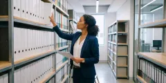 Angestellte holt Ordner aus Archiv, prüft Aufbewahrungsfristen im Unternehmen.