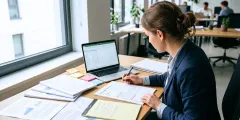 Angestellte schreibt eine Management Summary im Büro an einem Laptop mit vielen Dokumenten vor ihr auf dem Schreibtisch liegend
